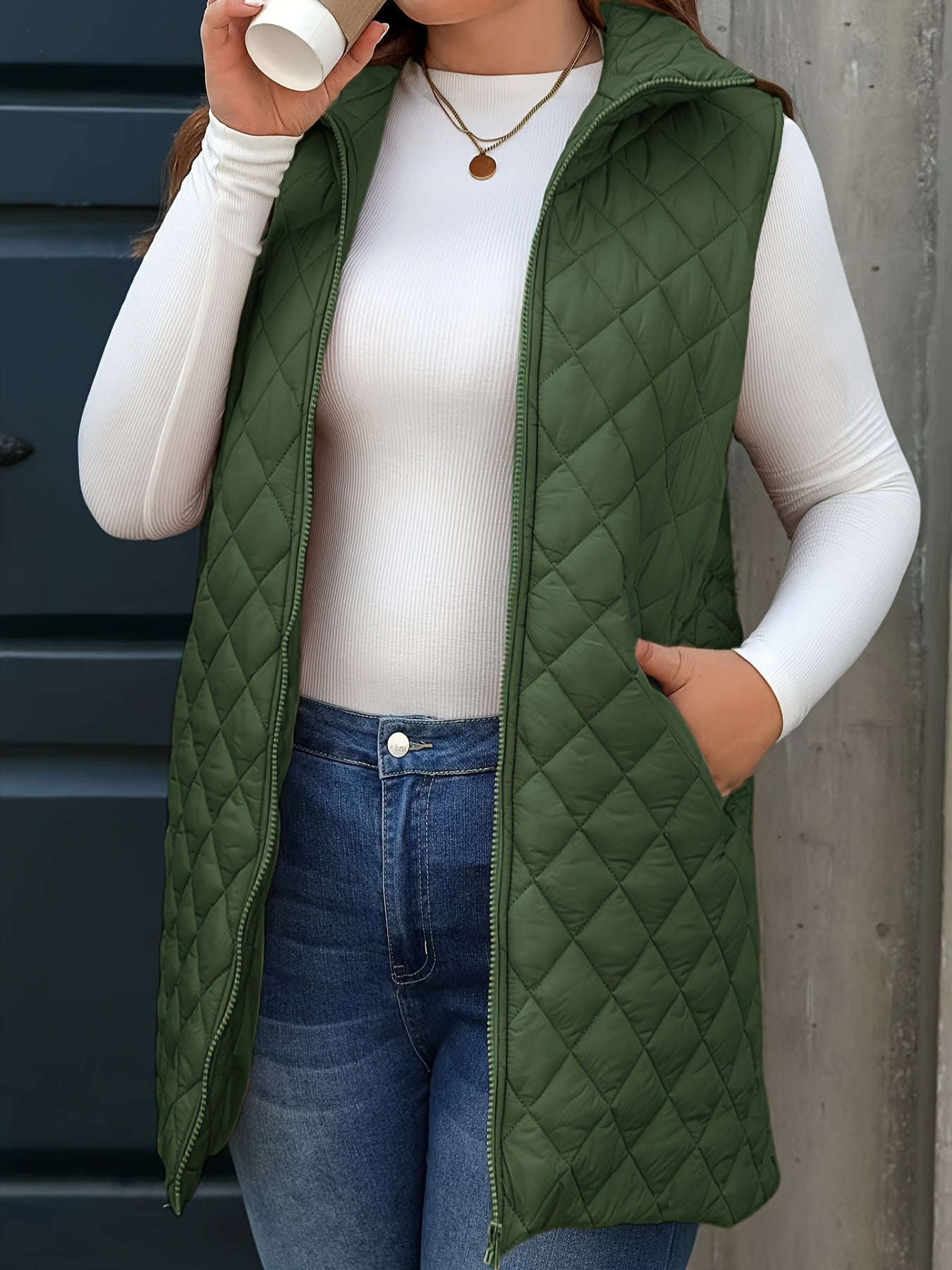 Plus-Size Quilted Vest with Stand Collar and Mid-Length Zip for Winter