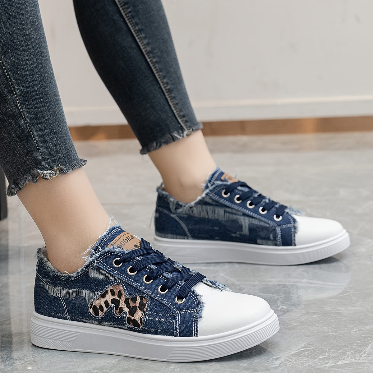 Women's Faux Denim Sneakers with Leopard Print, Breathable Fabric, All-Season Comfort