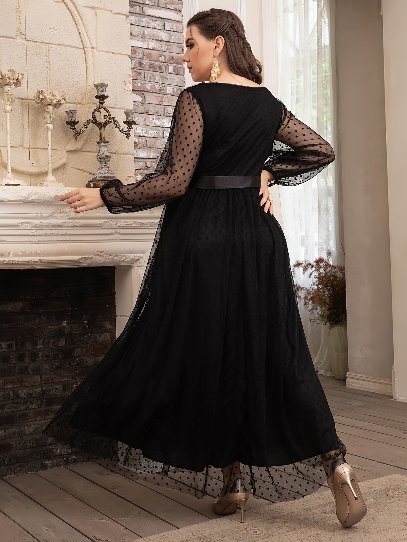 Vestido de encaje para mujer talla grande con escote en V y manga larga, ropa de noche bordada