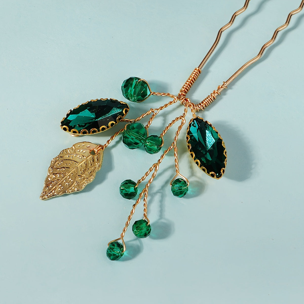 Set of 3 Green Leaf Rhinestone Hairpins for Bridal Hair Accessories Hanfu Style