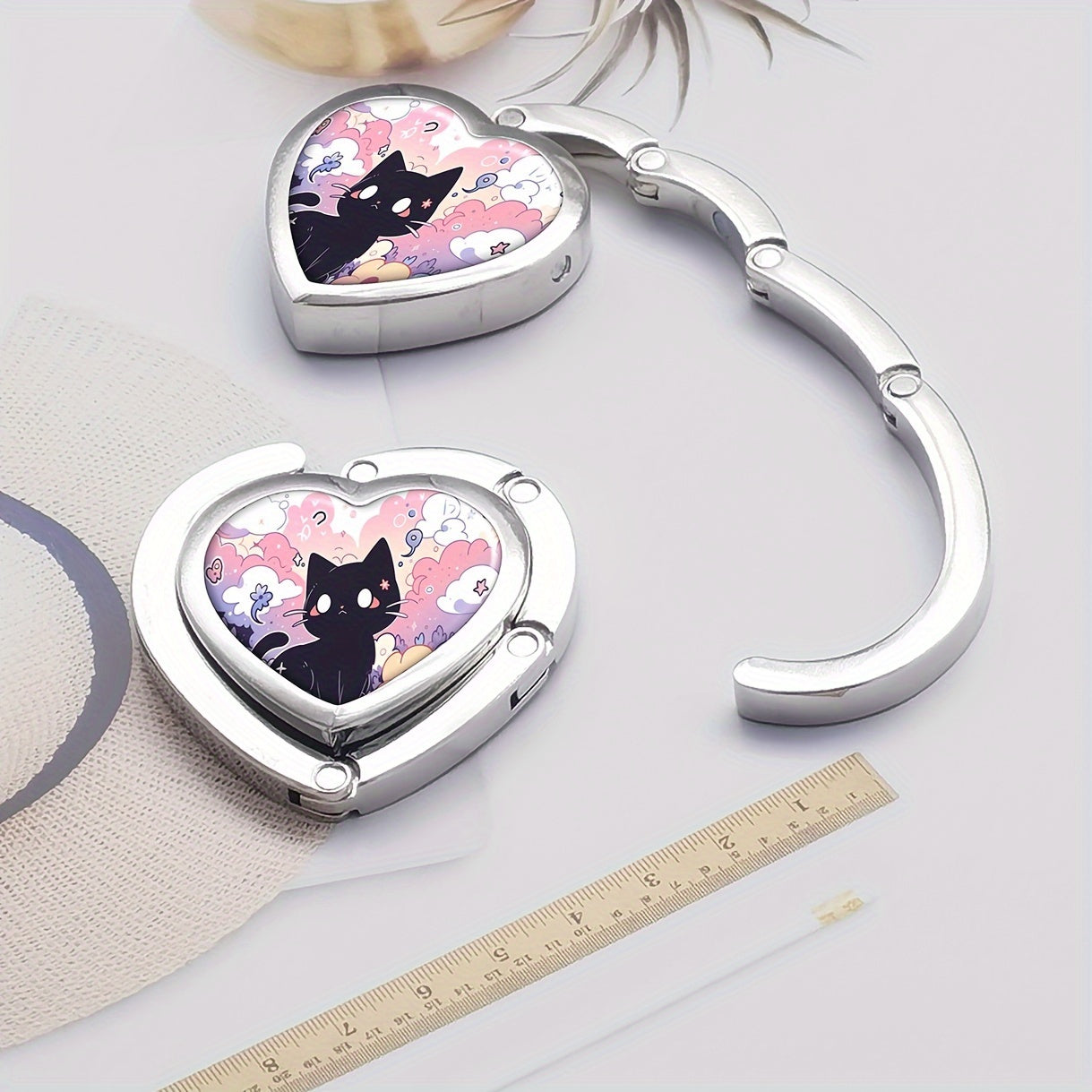Heart-Shaped Purse Hanger with Black Cat Design Foldable Zinc Alloy Portable Bag Hook