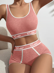 Women's Lingerie Set with Alphabet Print Bra and Panties Soft Knit Fabric Braid Detail