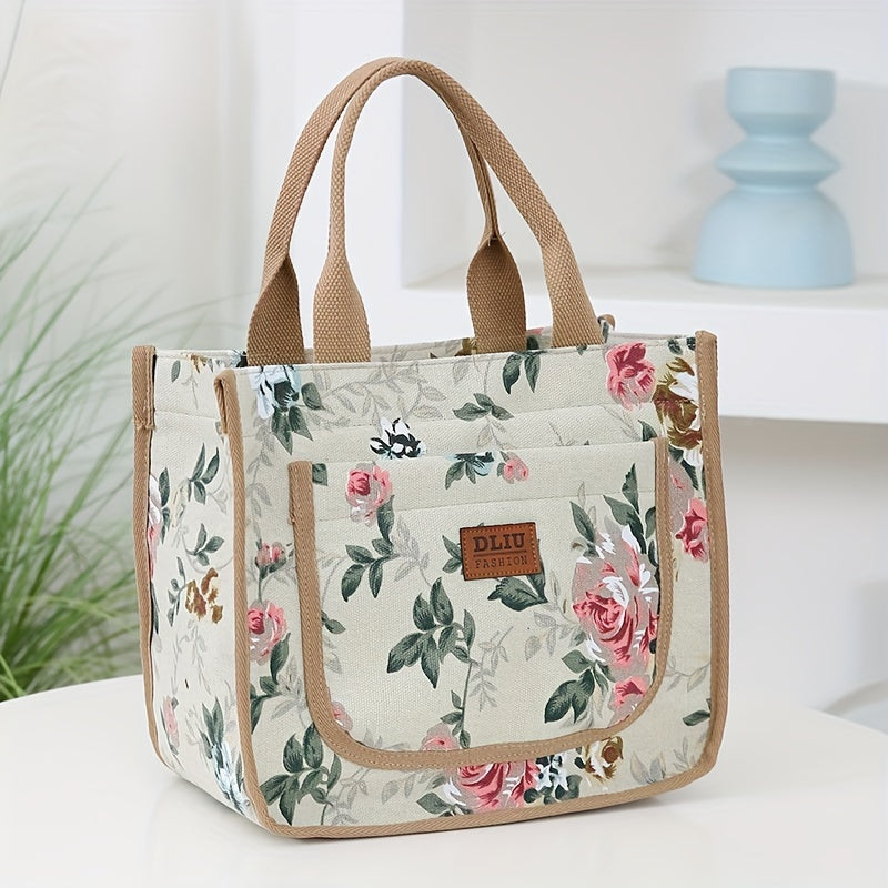 Floral Print Canvas Tote Bag with Zipper Closure and Fixed Shoulder Straps for Daily Commute Black Beige Green