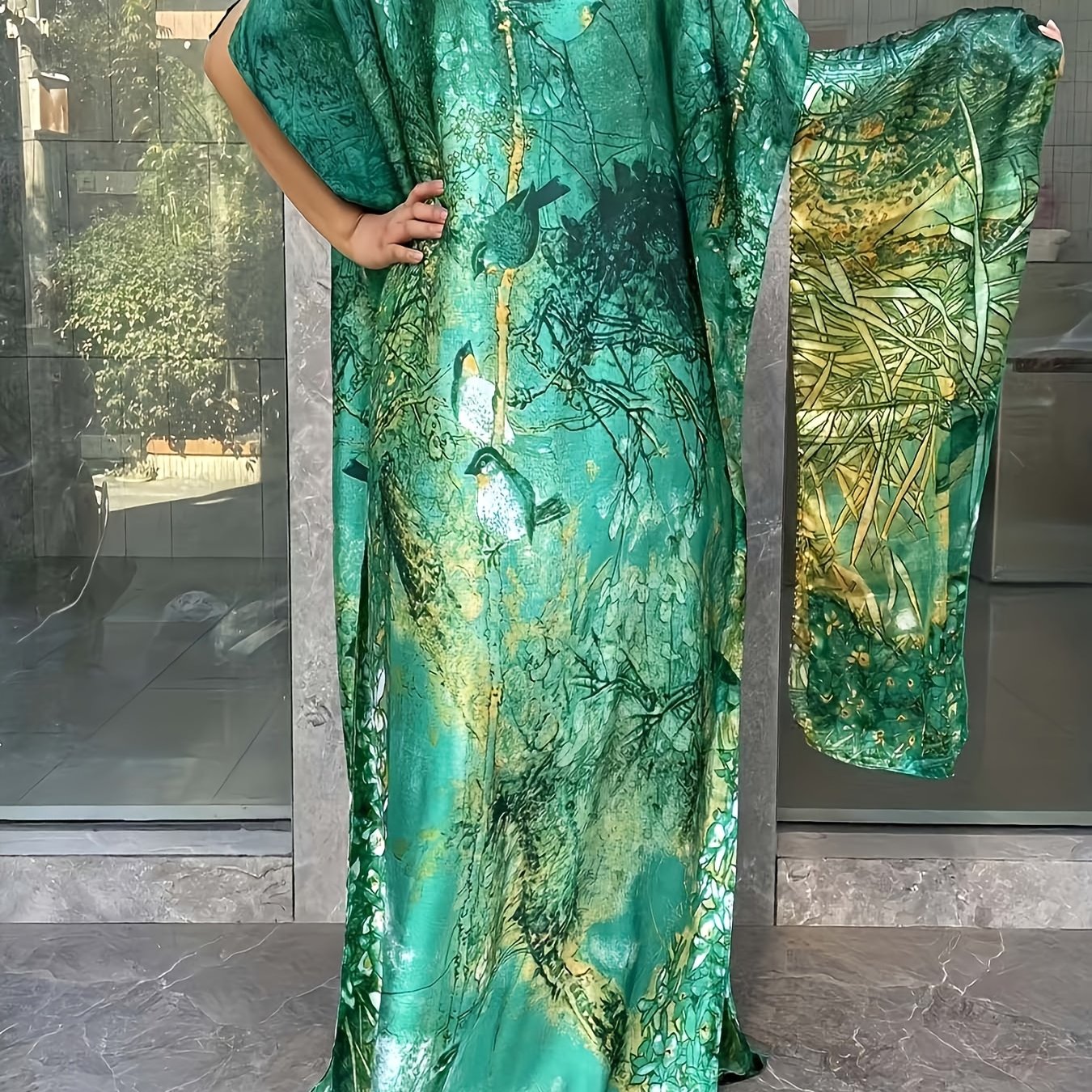 Women's Plus Size Floral Print Tunic Dress with Scarf Polyester Batwing Sleeve