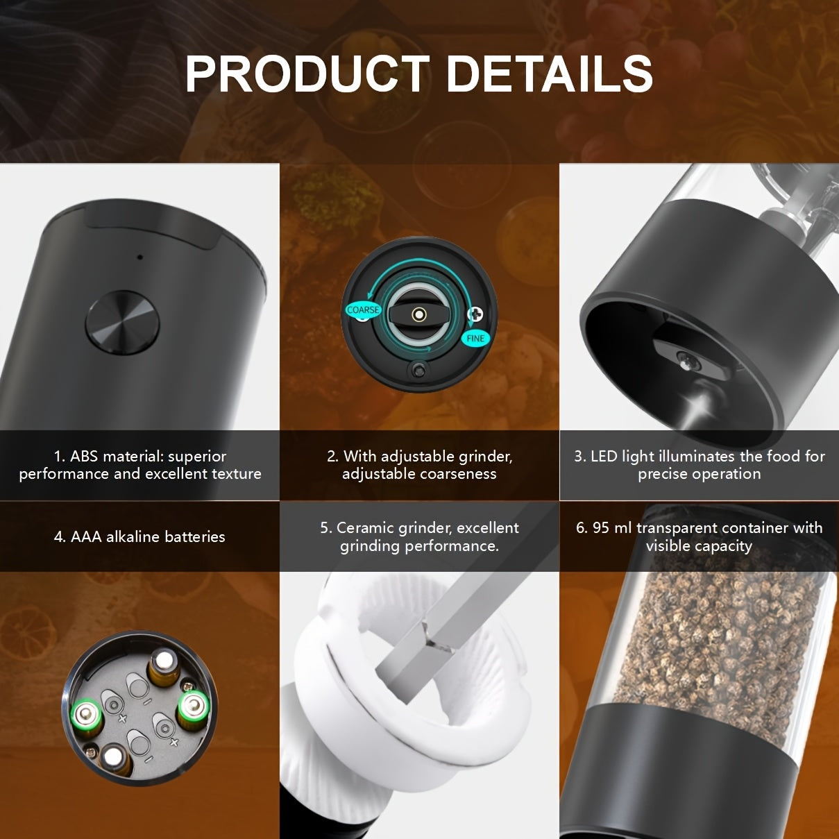 Batareya bilan ishlaydigan ziravorlarni maydalash uchun maydalagich, sozlanadigan qattiqlik, shaffof konteyner, bitta bosish bilan maydalash