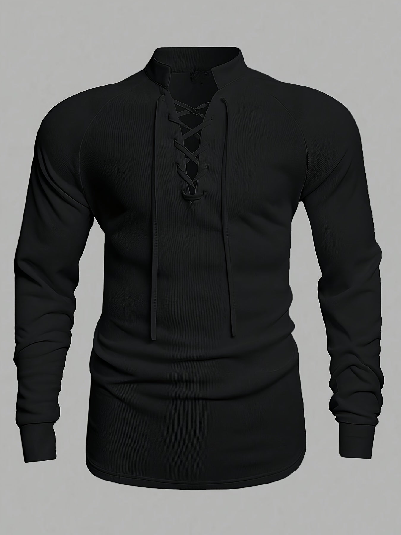 Camiseta de manga larga casual para hombre con cuello alto y cordón, mezcla de poliéster, color sólido, corte regular, primavera y otoño