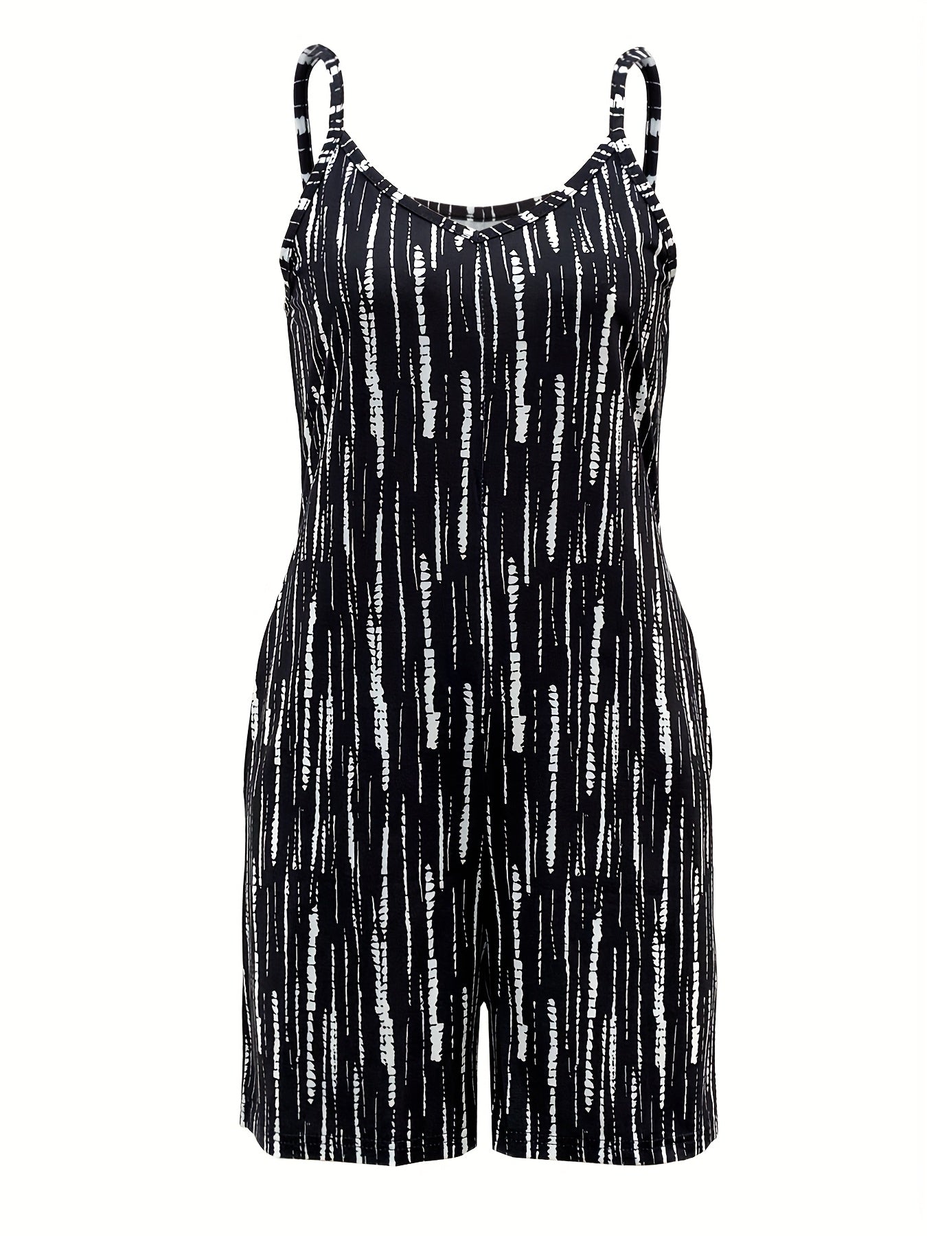 Women's Black and White Striped Sleeveless Jumpsuit with Pockets
