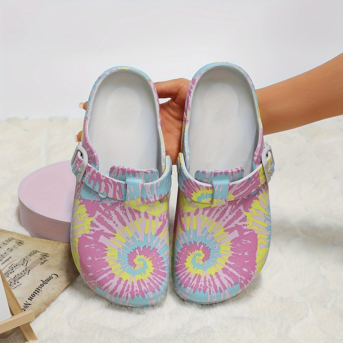 Women's Floral Pattern EVA Slip-On Mule Slippers with Adjustable Buckle