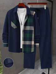 Men's Casual 2-Piece Outfit Plaid Button-Up Shirt and Drawstring Pants Polyester