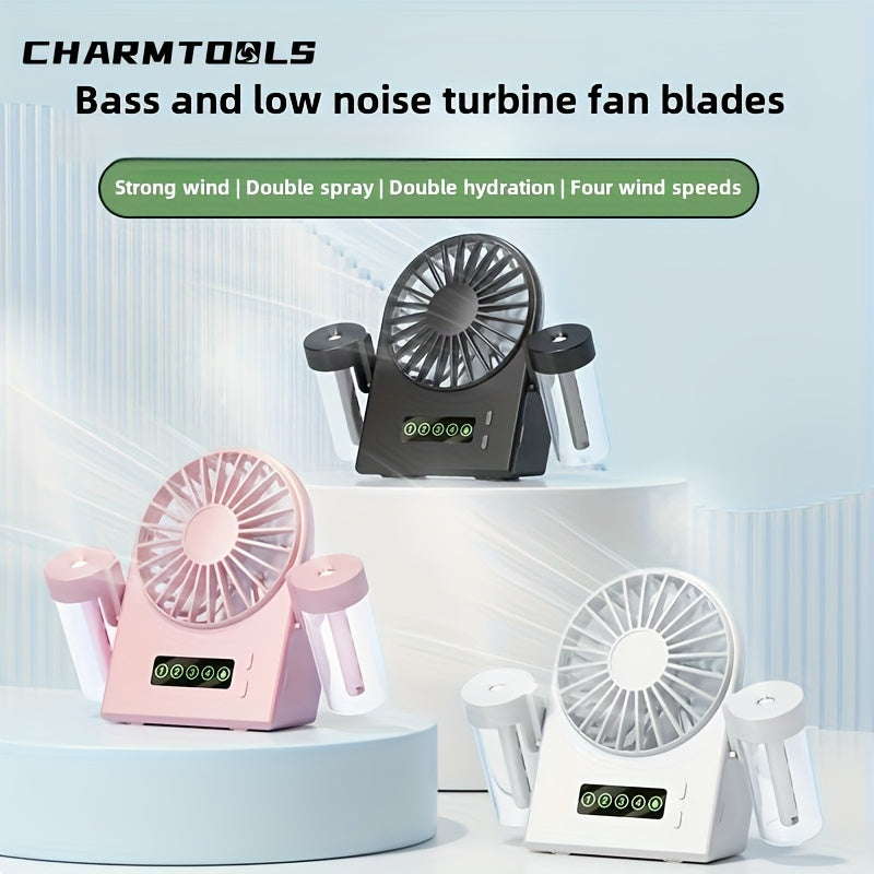 USB Rechargeable Portable Fan with 1200mAh Battery Adjustable Speeds Cooling Mist Digital Display