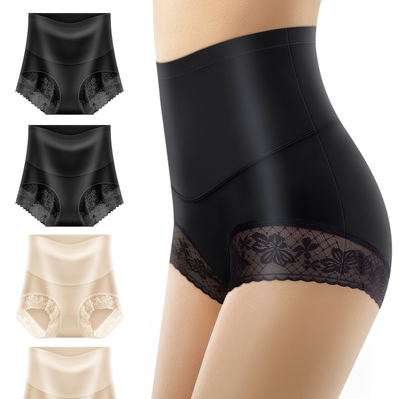 Women's High Waist Lace Trim Briefs 4 Pack Tummy Control Breathable Stretch