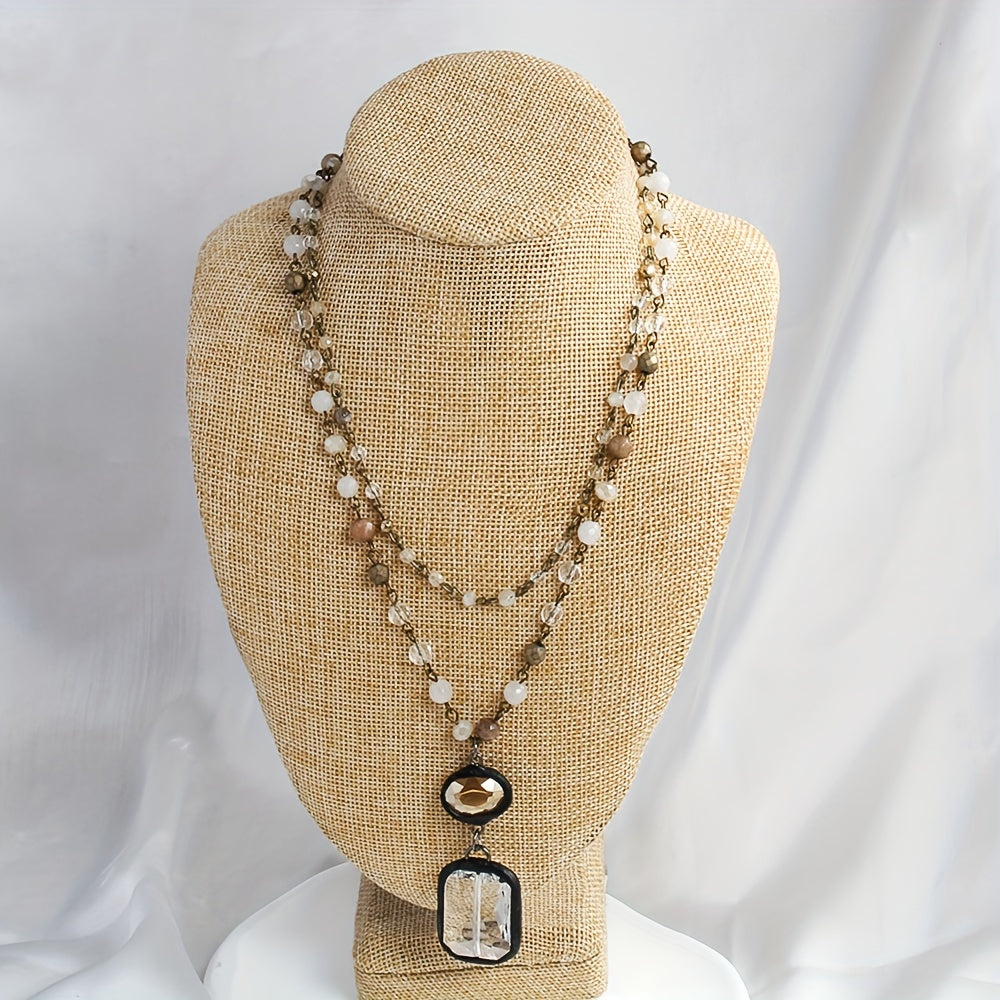 Unisex Tribal Style Necklace with Natural Stone Crystals and Glass Chains for Spring and Summer