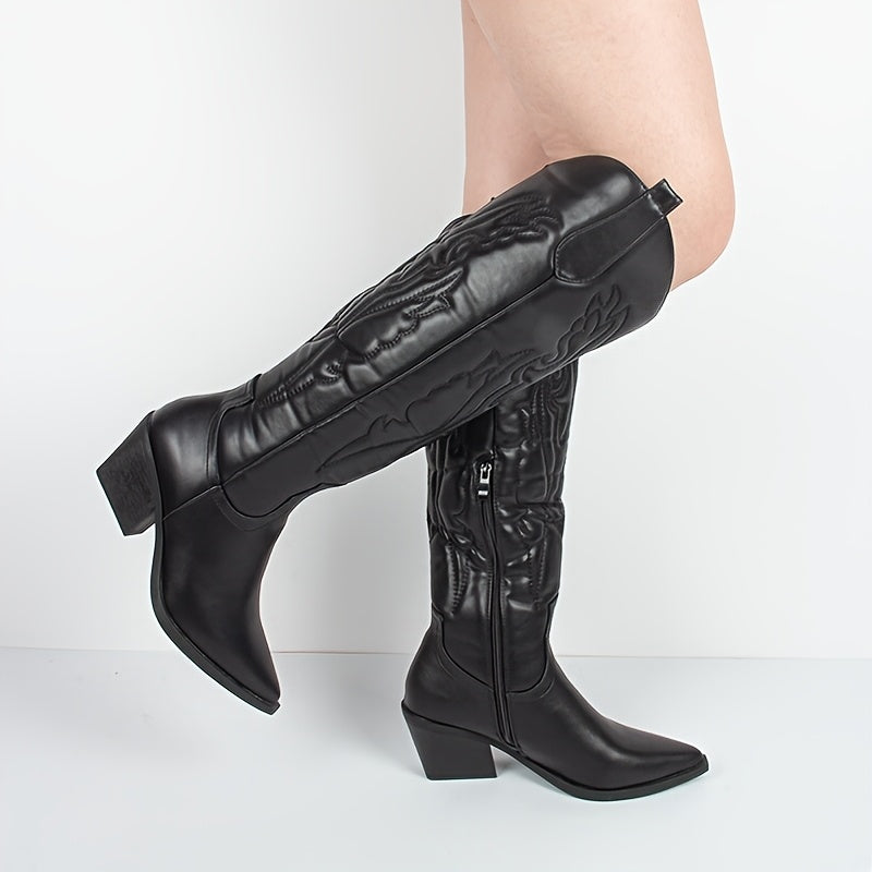 Women’s Western Cowboy Boots Faux Cover Embroidered Knee-High Pointed Toe