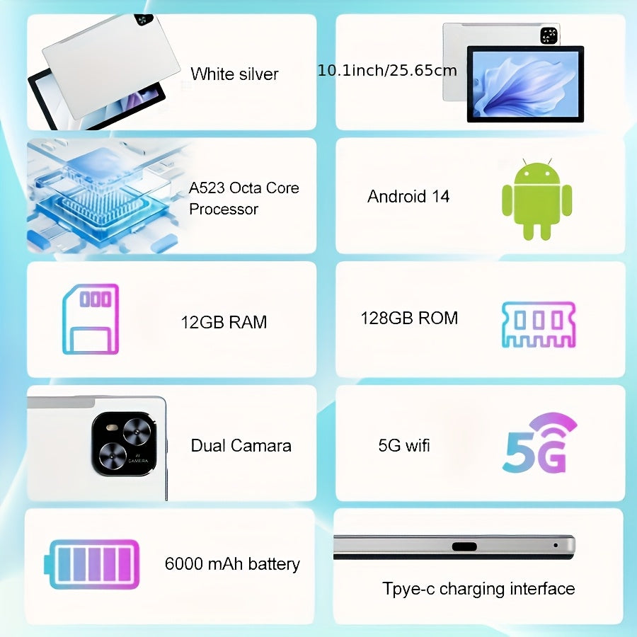 10.1-Inch Android 14 Tablet 12GB RAM 128GB ROM 2-in-1 with Keyboard Stylus