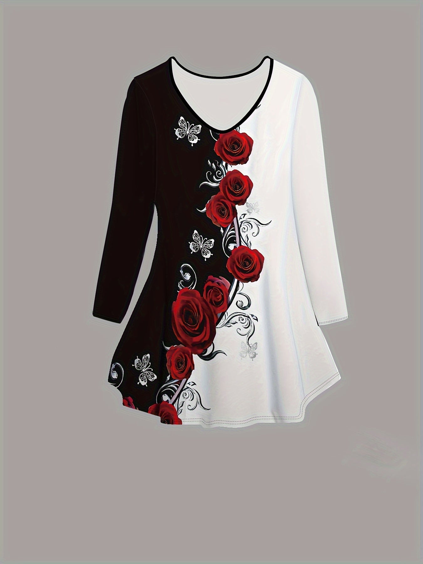 Women's Rose Print Outfit Set V Neck Flare T-Shirt and High Waist Flare Leg Pants