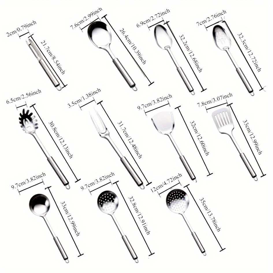 Set of 11 Stainless Steel Kitchen Utensils Heat Resistant with Spatula Tongs and Strainer