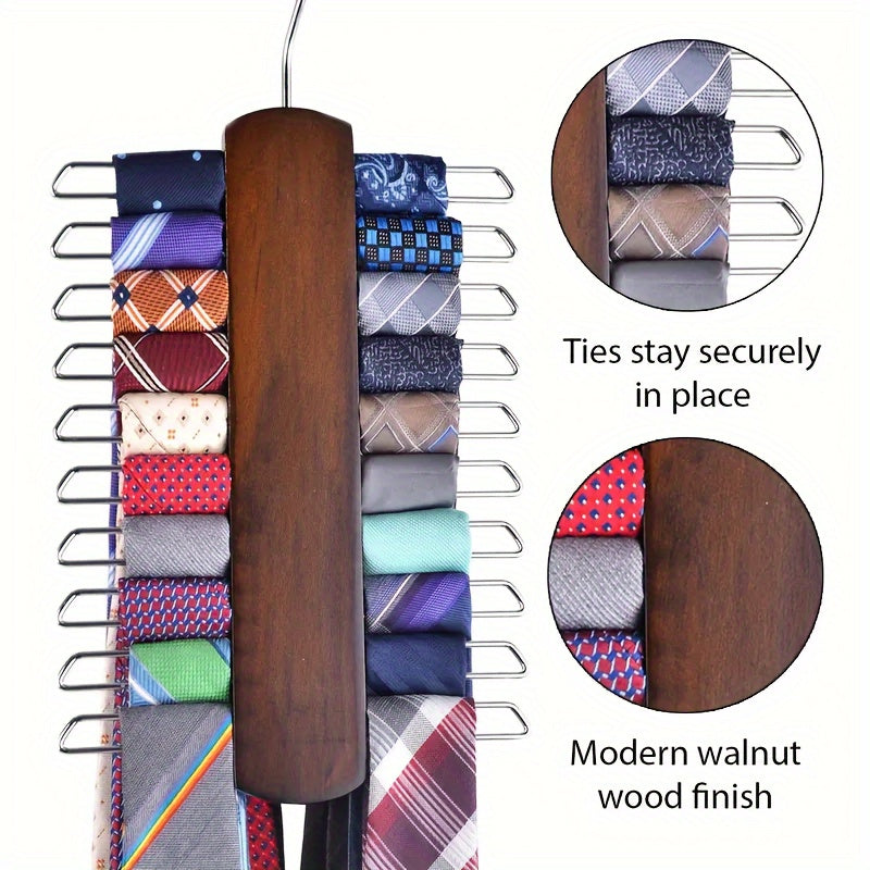 Wooden Tie Organizer with Belt Rack and 20 Hooks for Accessory Storage