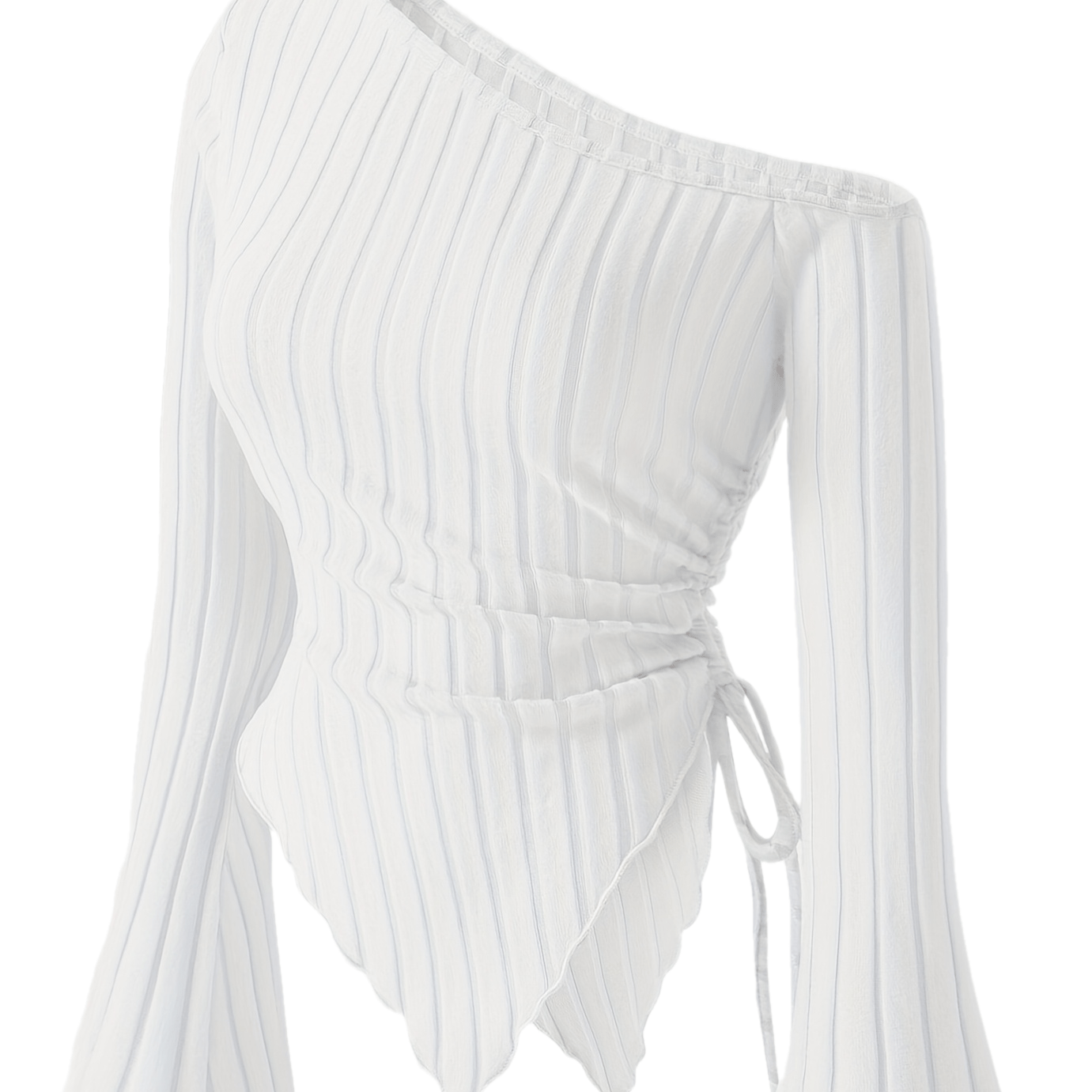 Camiseta de mujer con hombro descubierto, dobladillo asimétrico y mangas acampanadas de punto de poliéster de estiramiento medio