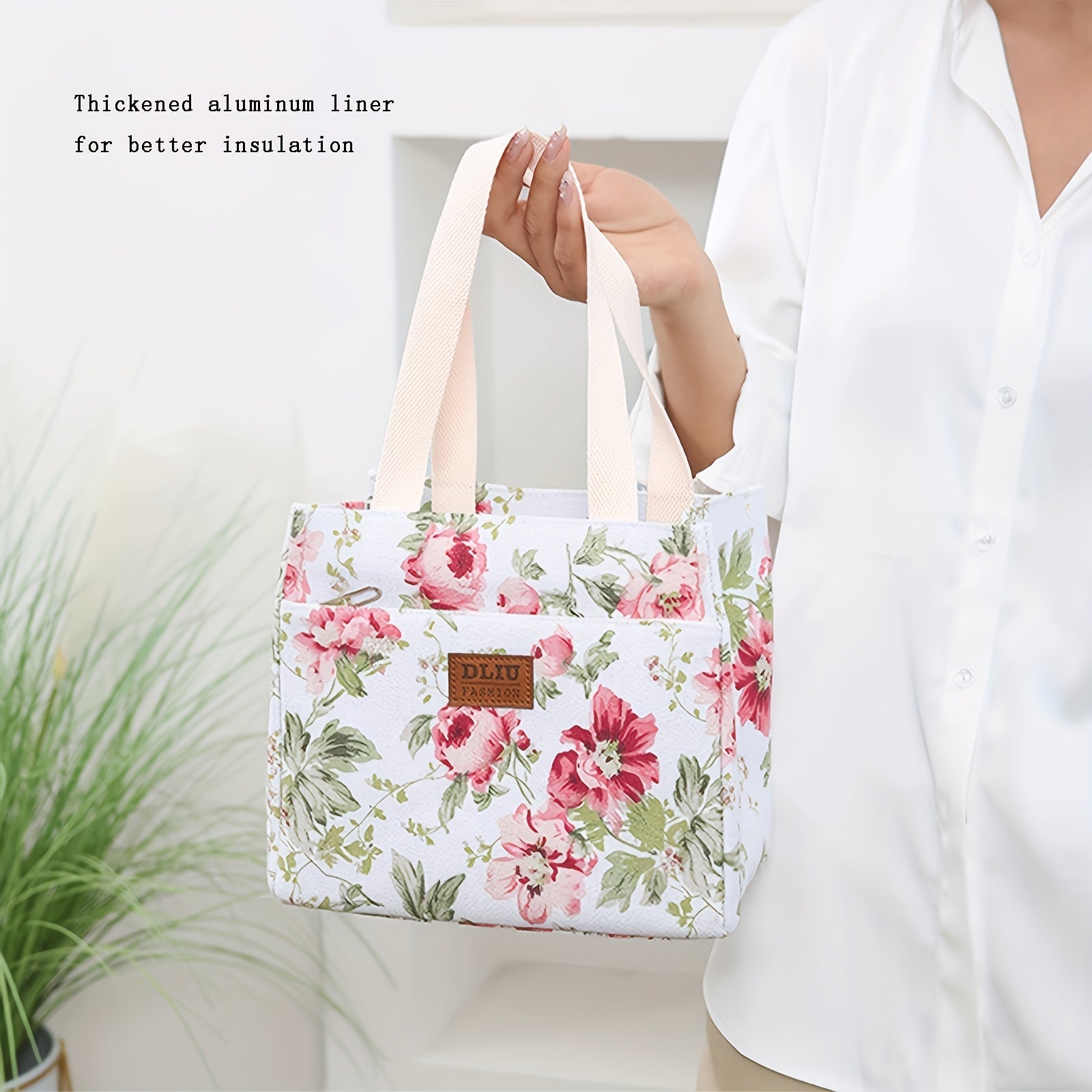 Insulated Floral Lunch Bag with Aluminum Foil, Thermal Tote for Picnics and Travel