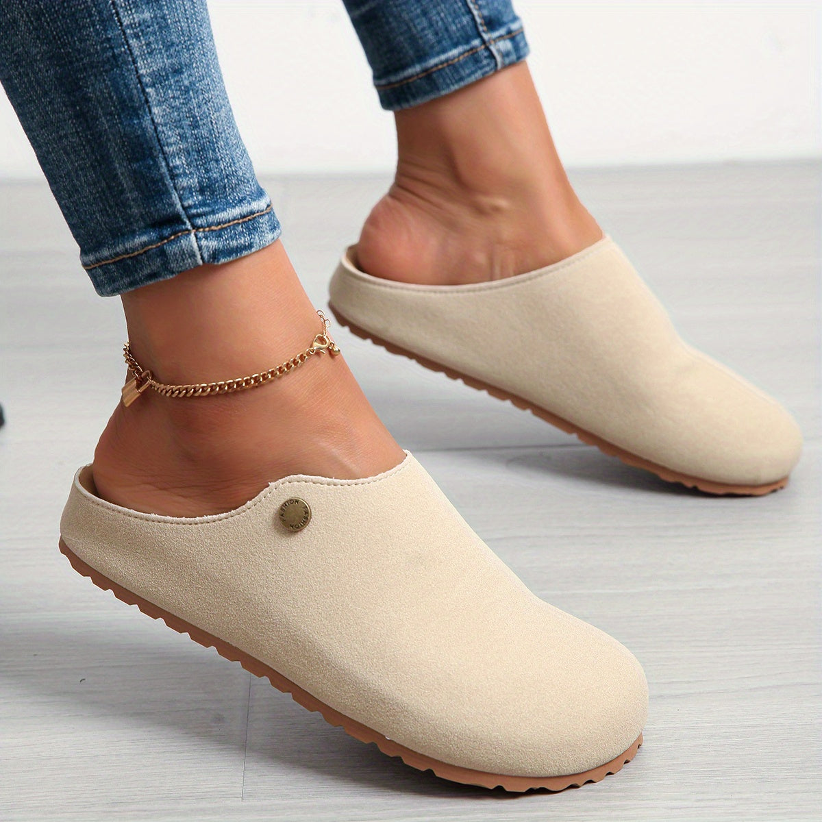 Women's Tan Mules Flat Slip-On Loafers with Ankle Strap