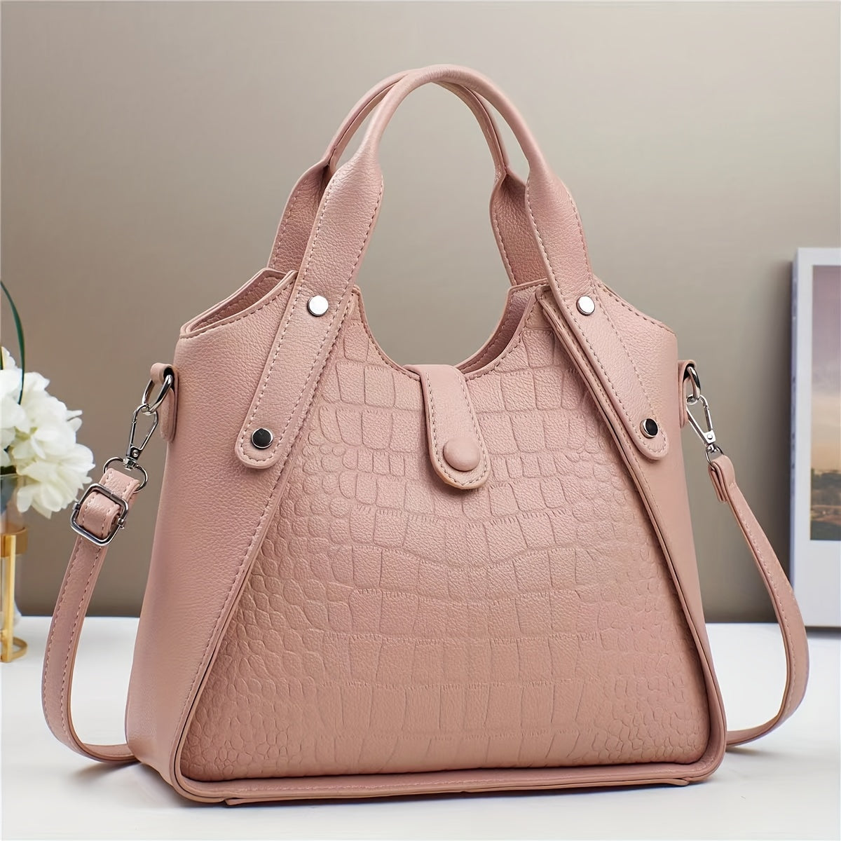 Women's Faux Leather Crocodile Pattern Shoulder Bag Casual Zipper Closure Adjustable Strap