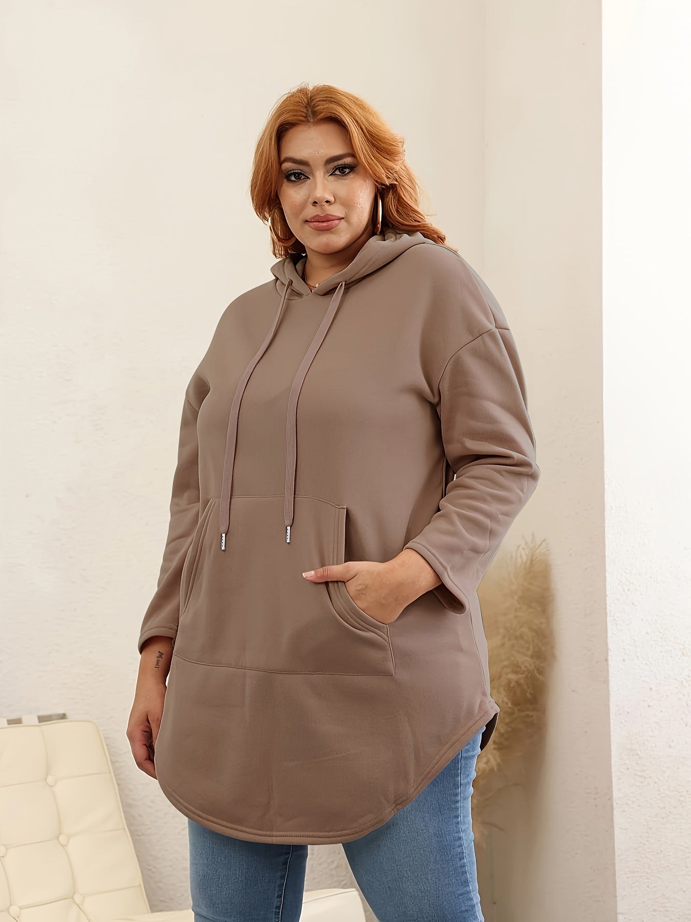 Ayollar uchun plus o'lchamli dengiz bo'yi ko'k hoodie, kangaroo cho'ntagi bilan, kundalik uzun qo'l kiyim, sweatshir