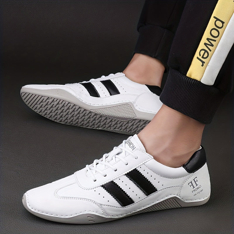 Men's Genuine Leather Sneakers White Black Stripe Rubber Sole Casual All-Season