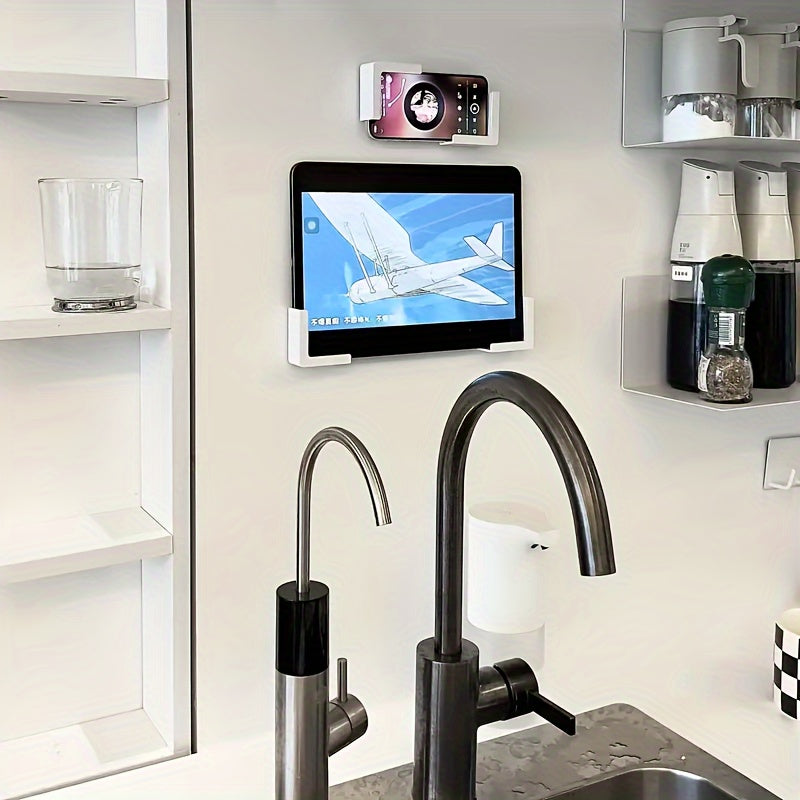 Juego de 2 soportes de plástico para teléfono y tableta de pared con adhesivo, sin taladro, que ahorra espacio