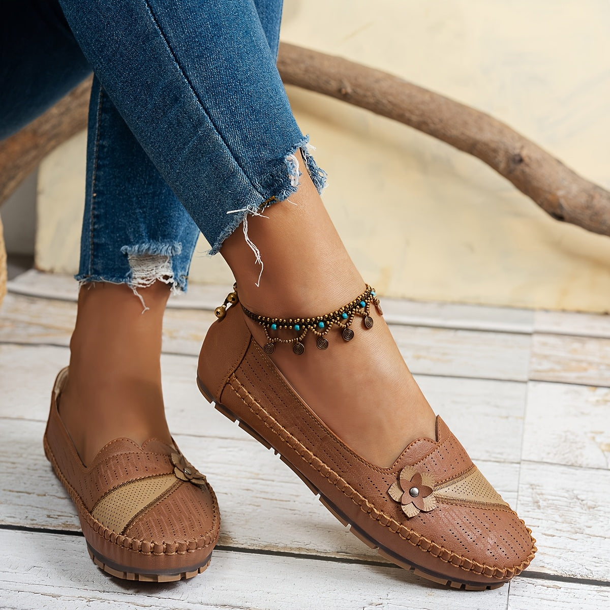 Women's Breathable Flat Shoes with Floral Embellishment and Bow in Beige