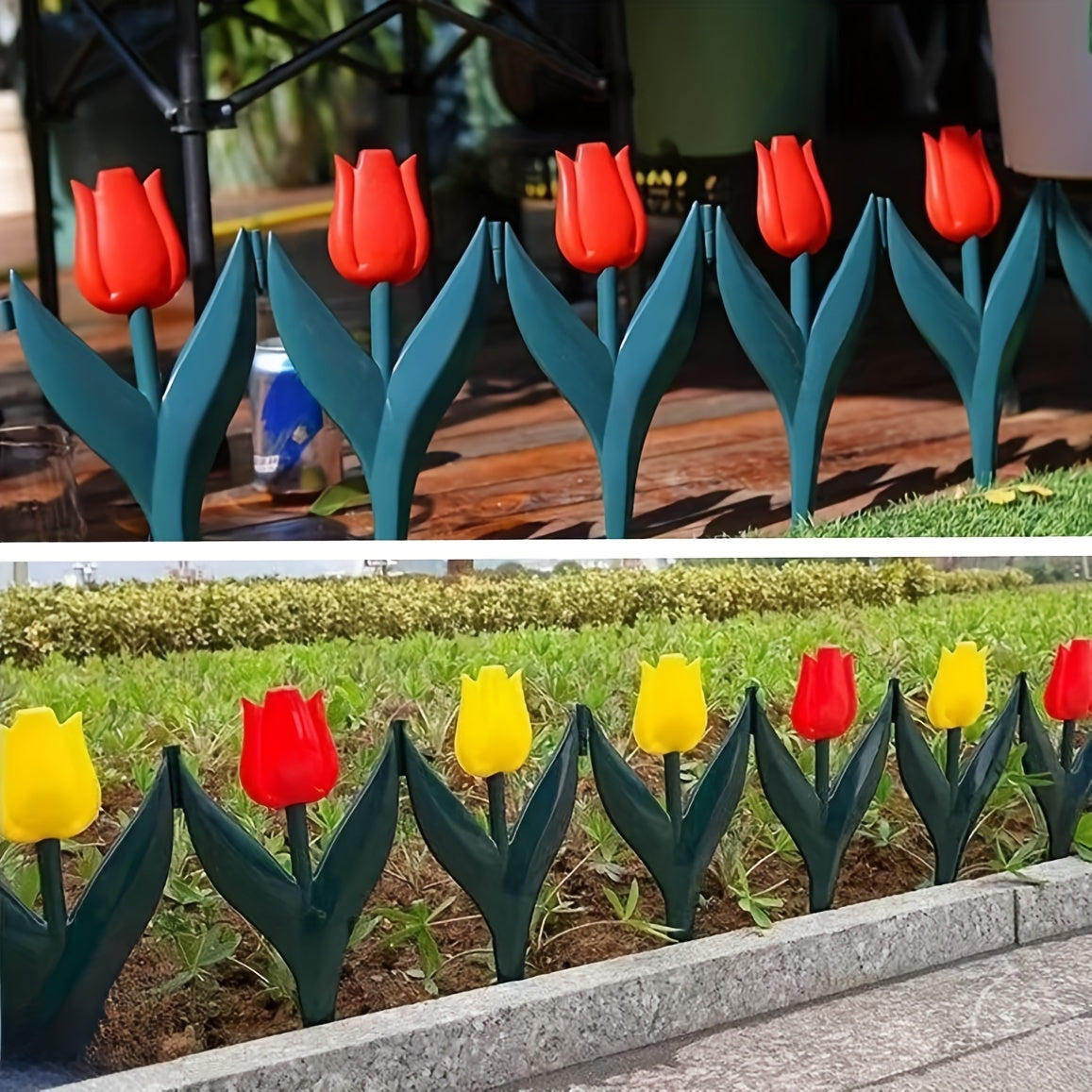 10 Pcs Plastic Tulip Garden Fence Edging for Fairy Gardens and Outdoor Yards Red and Yellow