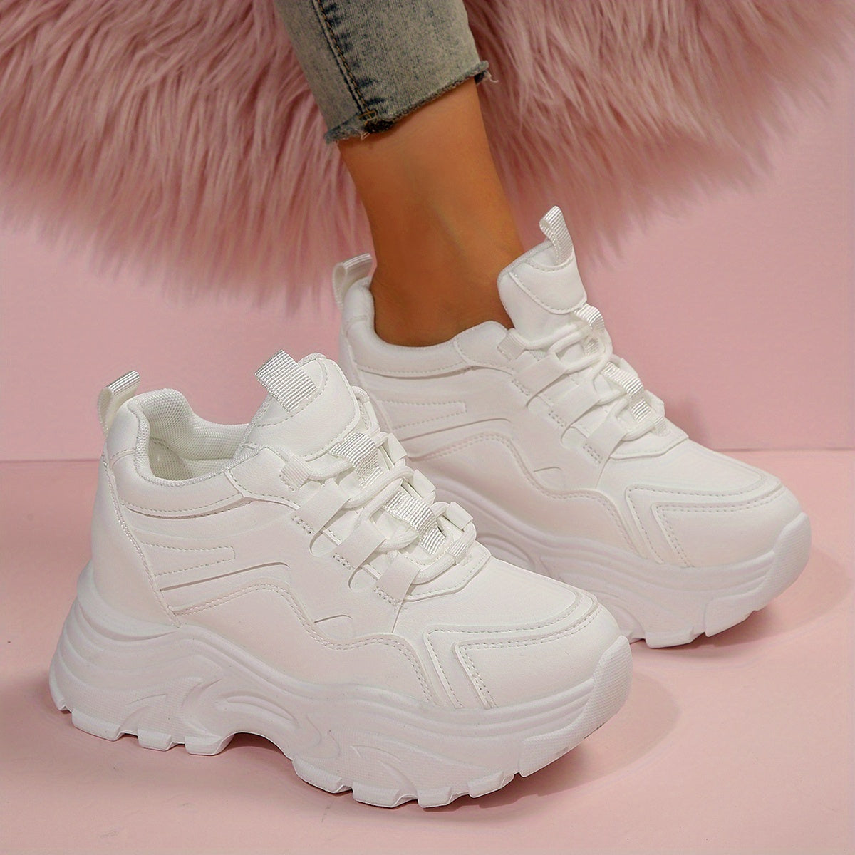 Women's White Platform Sneakers Casual Lace-Up Thick Sole All-Season