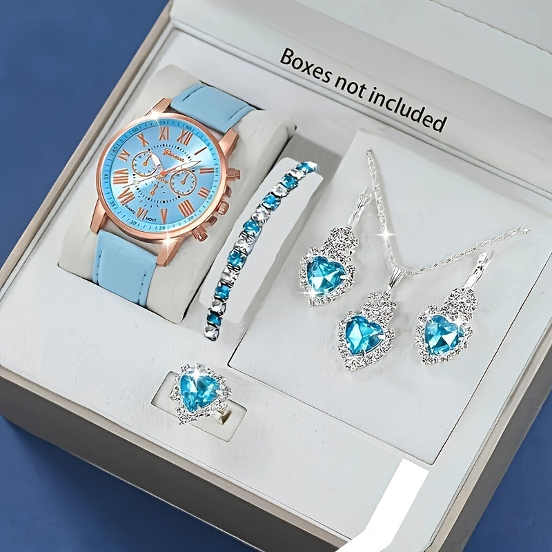 Quartz Watch and Jewelry Set with Shock-Resistant Round Analog-Digital Display and Blue Heart Accessory