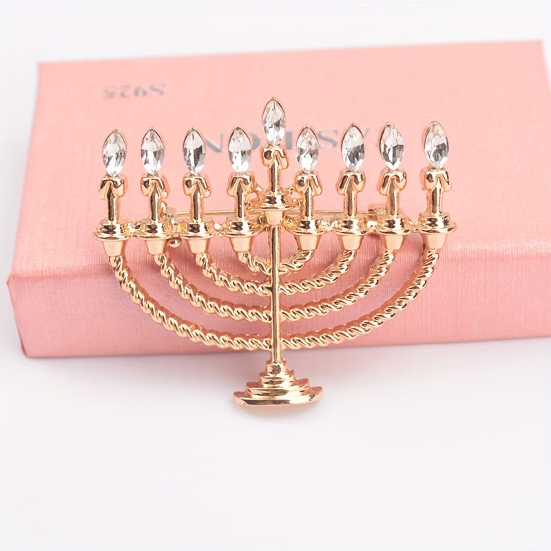 Gold-Tone Hanukkah Menorah Brooch with Rhinestones Alloy Jewelry
