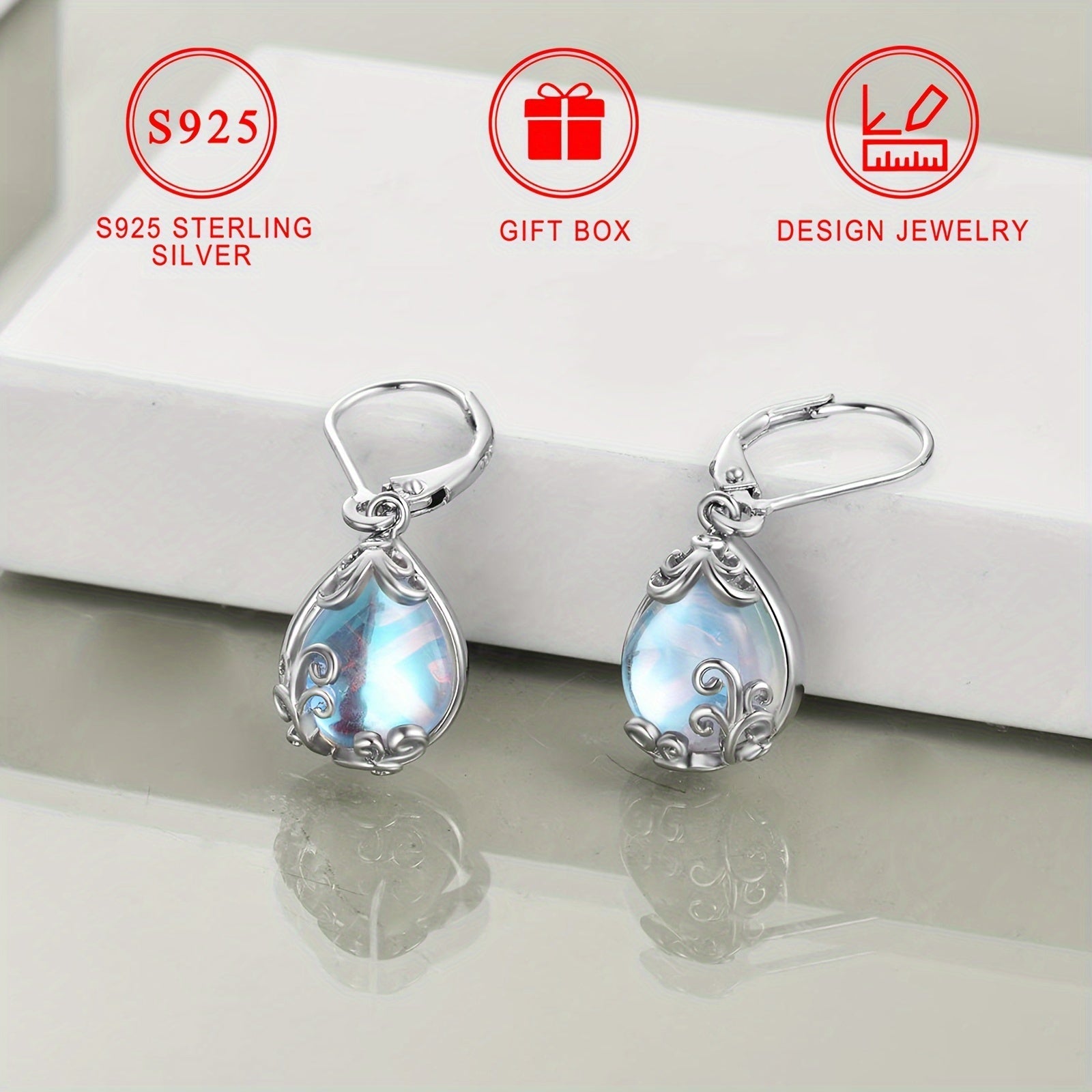 Sterling Silver Drop Earrings with Synthetic Moonstone Teardrop Floral Design Hypoallergenic for Women