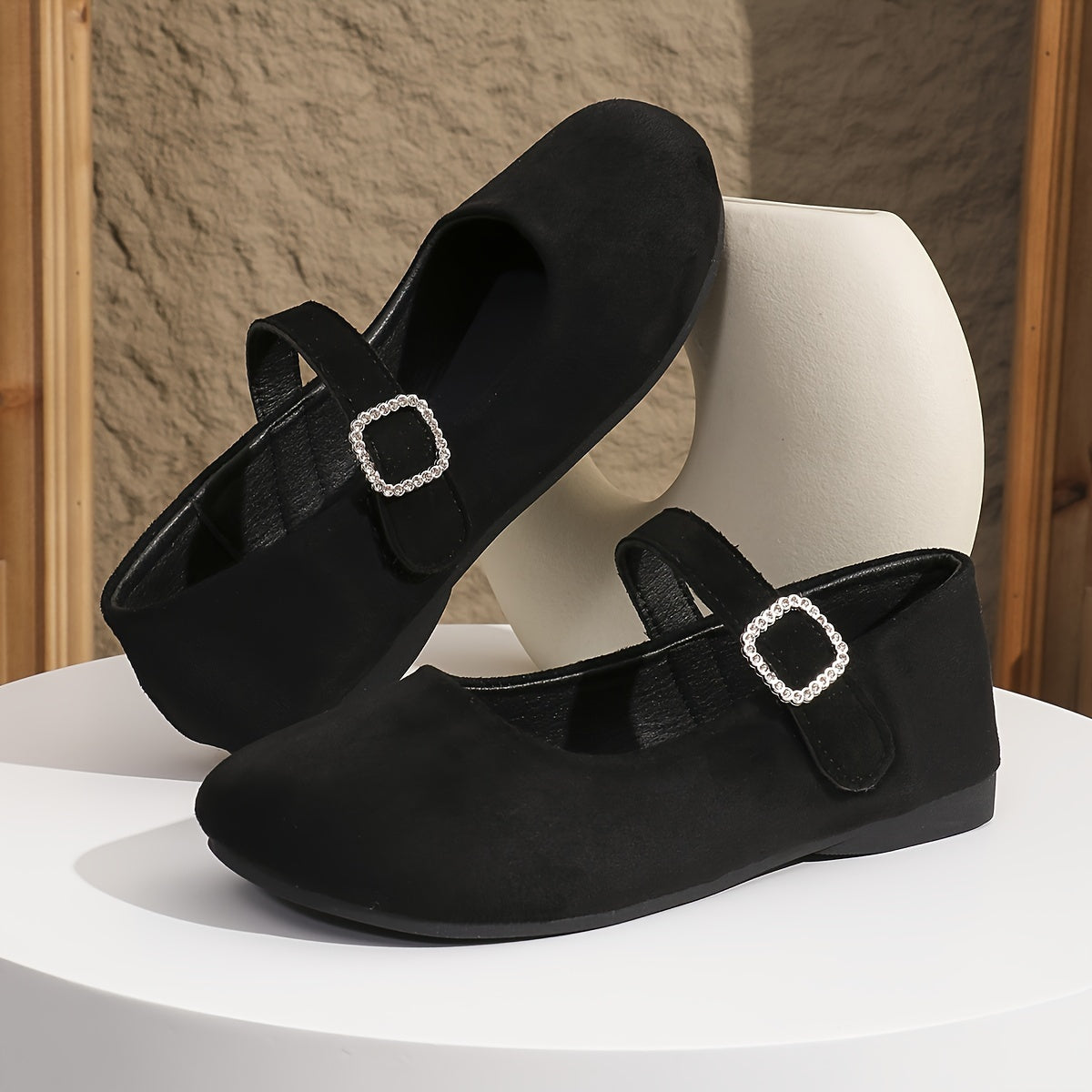 Zapatos planos de mujer tipo Mary Jane de franela de color sólido para todas las estaciones con punta redonda