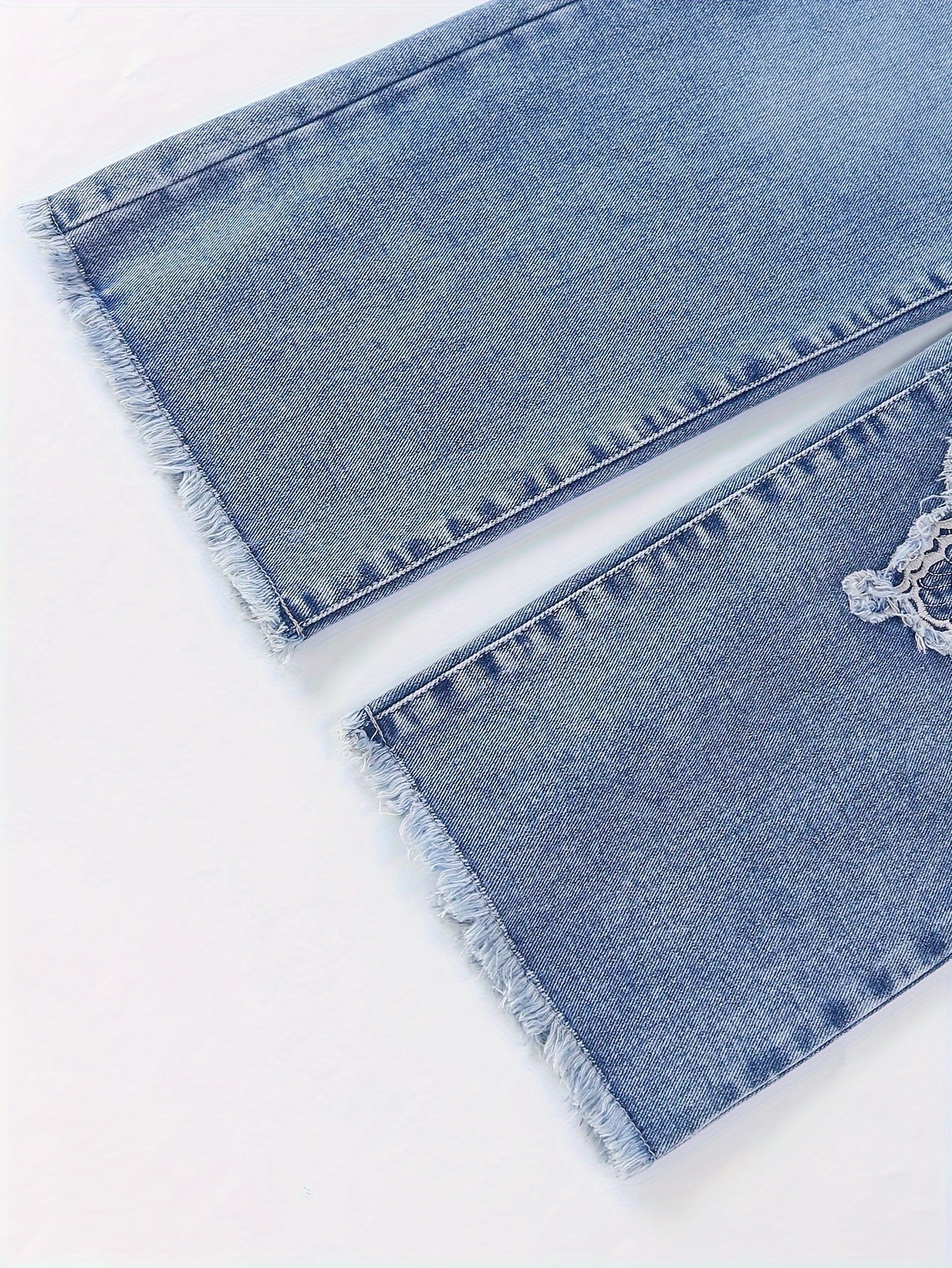 Girls Straight Leg Denim Jeans with Butterfly Embroidery Elastic Waist Casual Streetwear