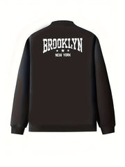 Plus Size Women's Black Baseball Collar Zip-Up Jacket with Pockets