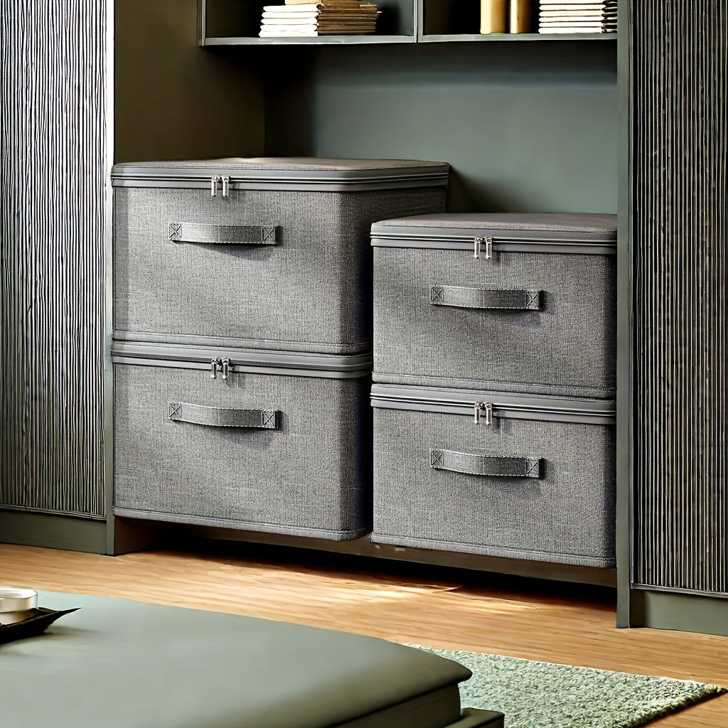 Large Gray Stackable Storage Box with Herringbone Pattern for Closet, Bedroom, Kitchen