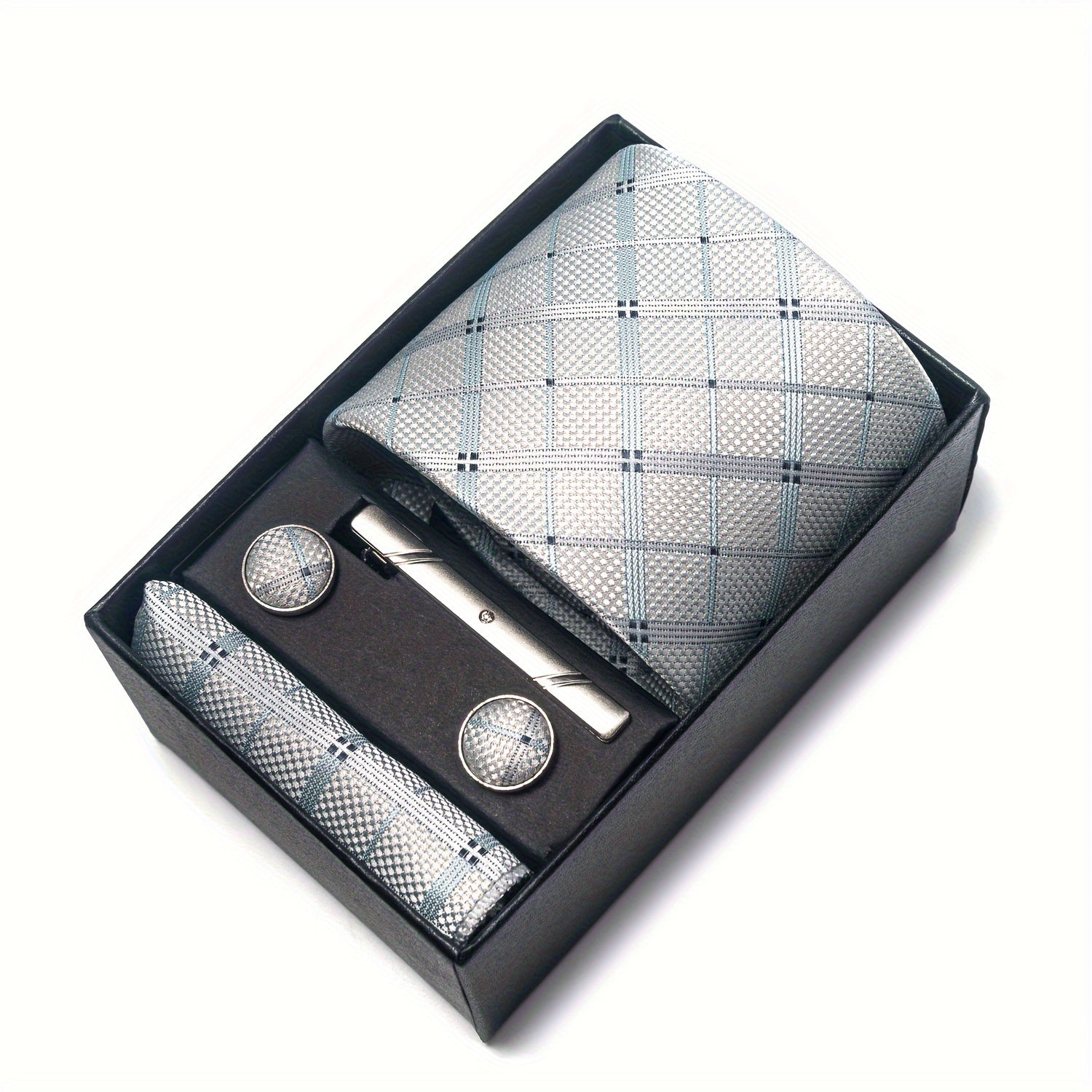 Men's Plaid Tie Set with Pocket Square Cufflinks and Tie Clip in Gift Box
