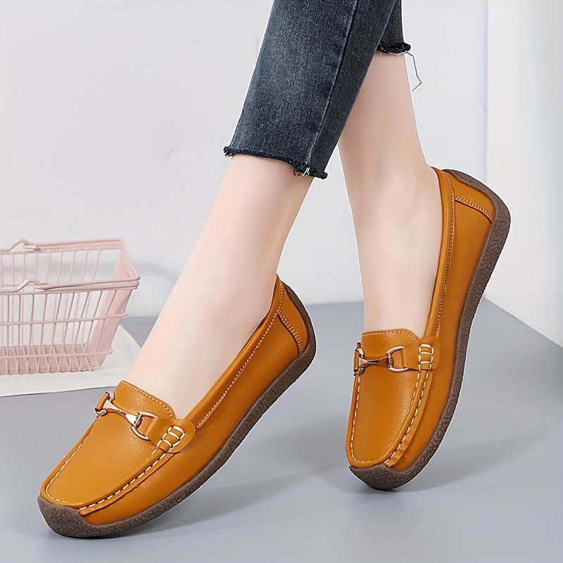 Women's Casual Brown Faux Leather Slip-On Loafers with Metal Buckle