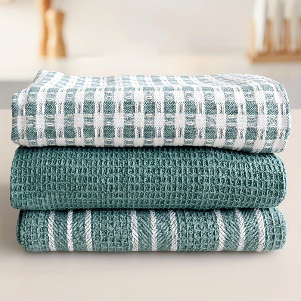 Set of 3 Large Kitchen Towels in Green Plaid and Striped Waffle Weave 45x65 cm
