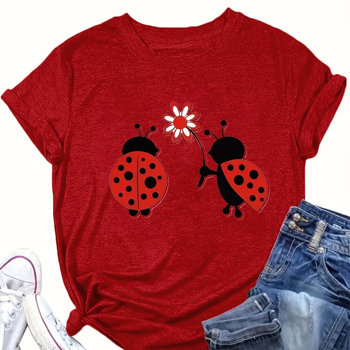 Women’s Plus Size Ladybug Print T-Shirt Casual Crew Neck Knit Top