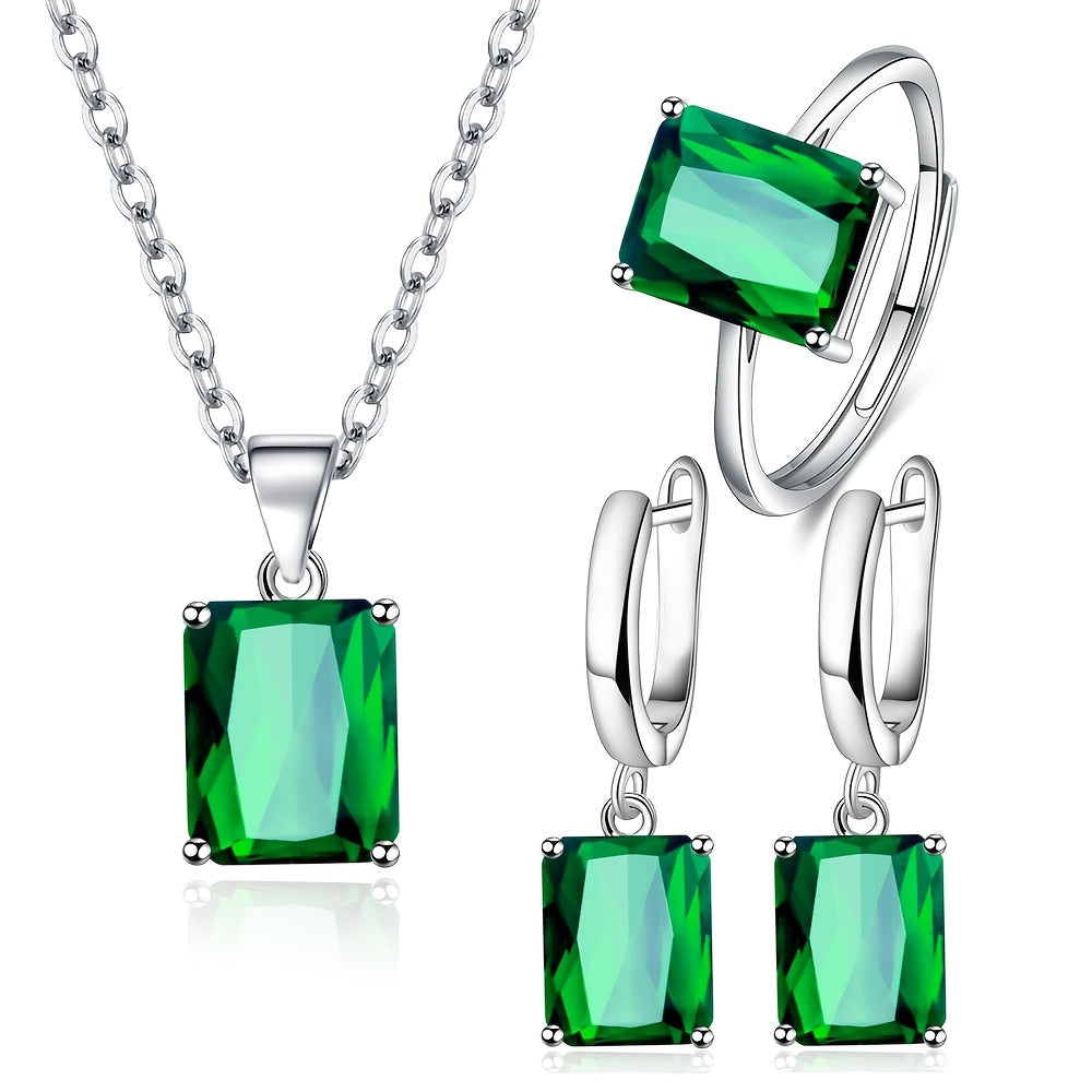 Chic Retro 925 Sterling Silver Jewelry Set kvadrat shaklidagi sun'iy Kubik Zirconia toshlari bilan - To'plamda Earcuffs, Uzuk va Uzuk bor - Go'zal kumush bilan qoplangan, Har kuni kiyish uchun yoki Maxsus tadbirlar uchun, masalan,