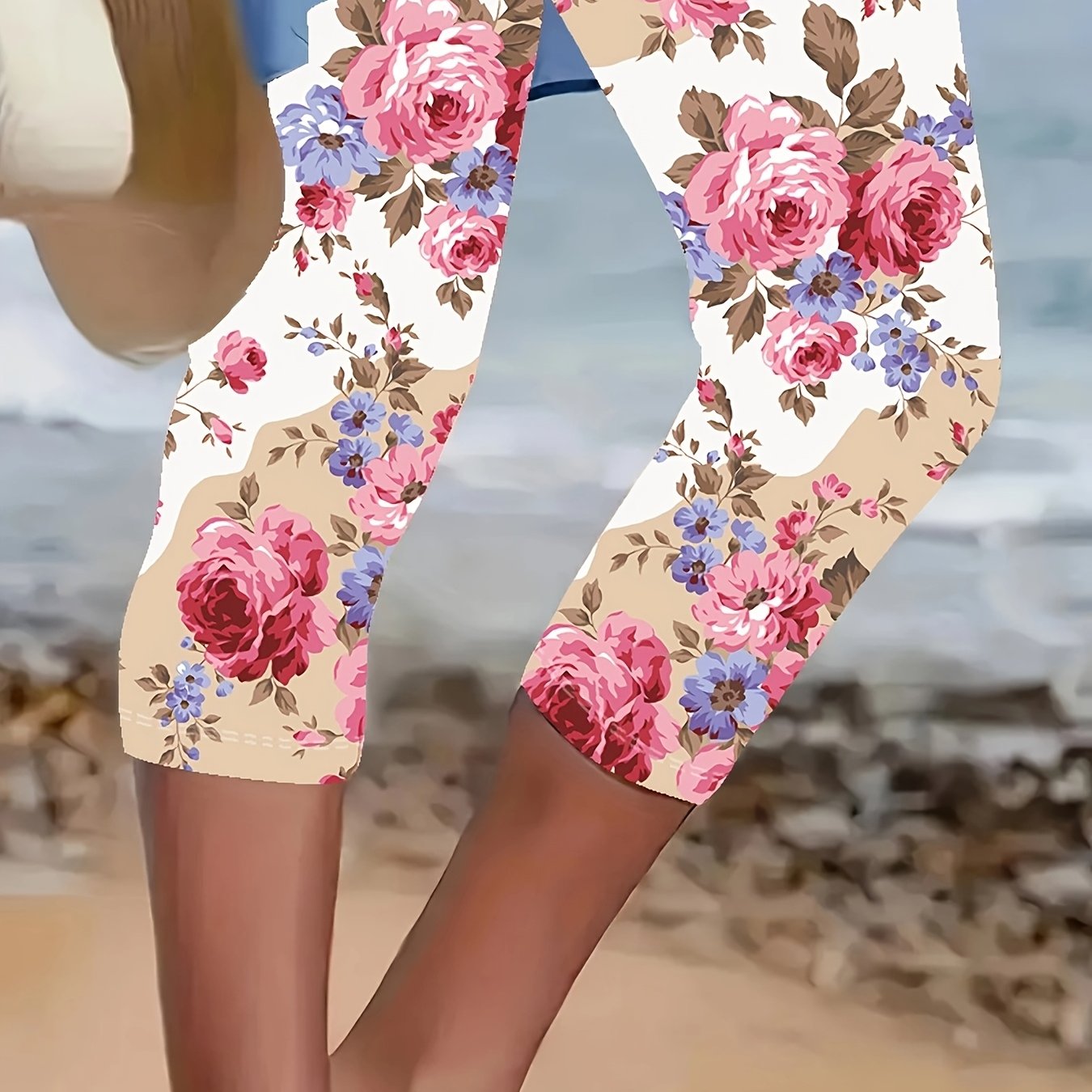 Women's Plus Size Floral Print Capri Leggings Stretch Waist Pink Blue Rose