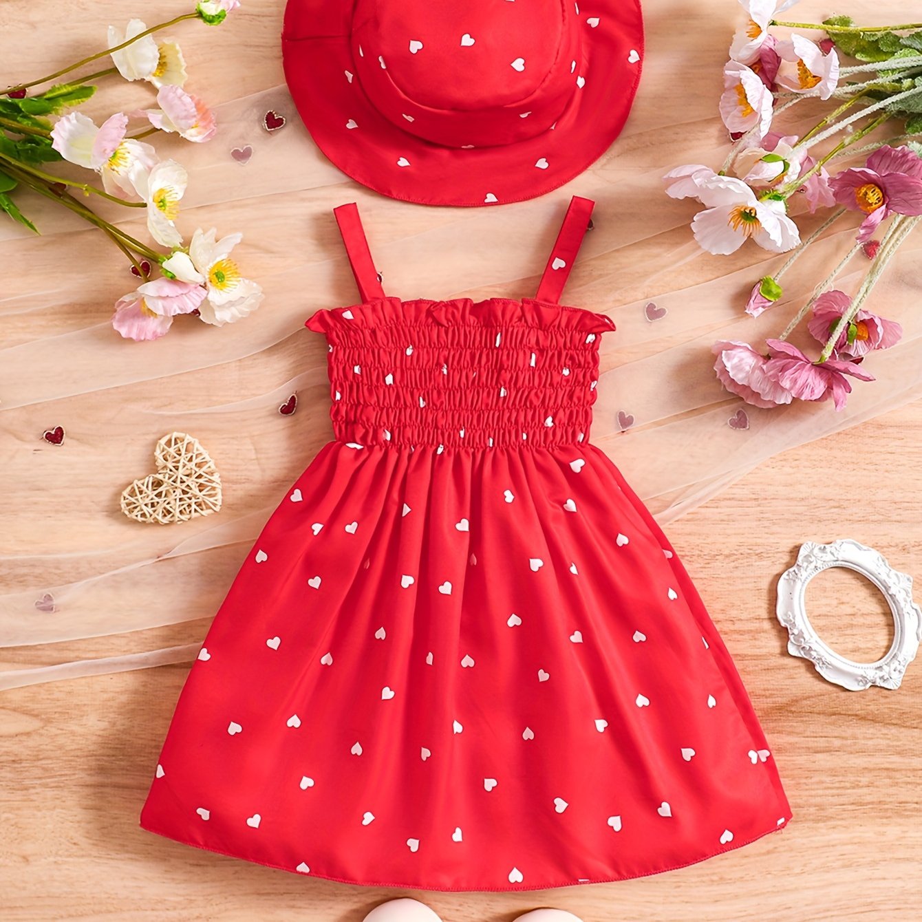 Girls 0-3 Years Summer Heart Print Dress Set with Halter Neck and Matching Hat in Two Colors