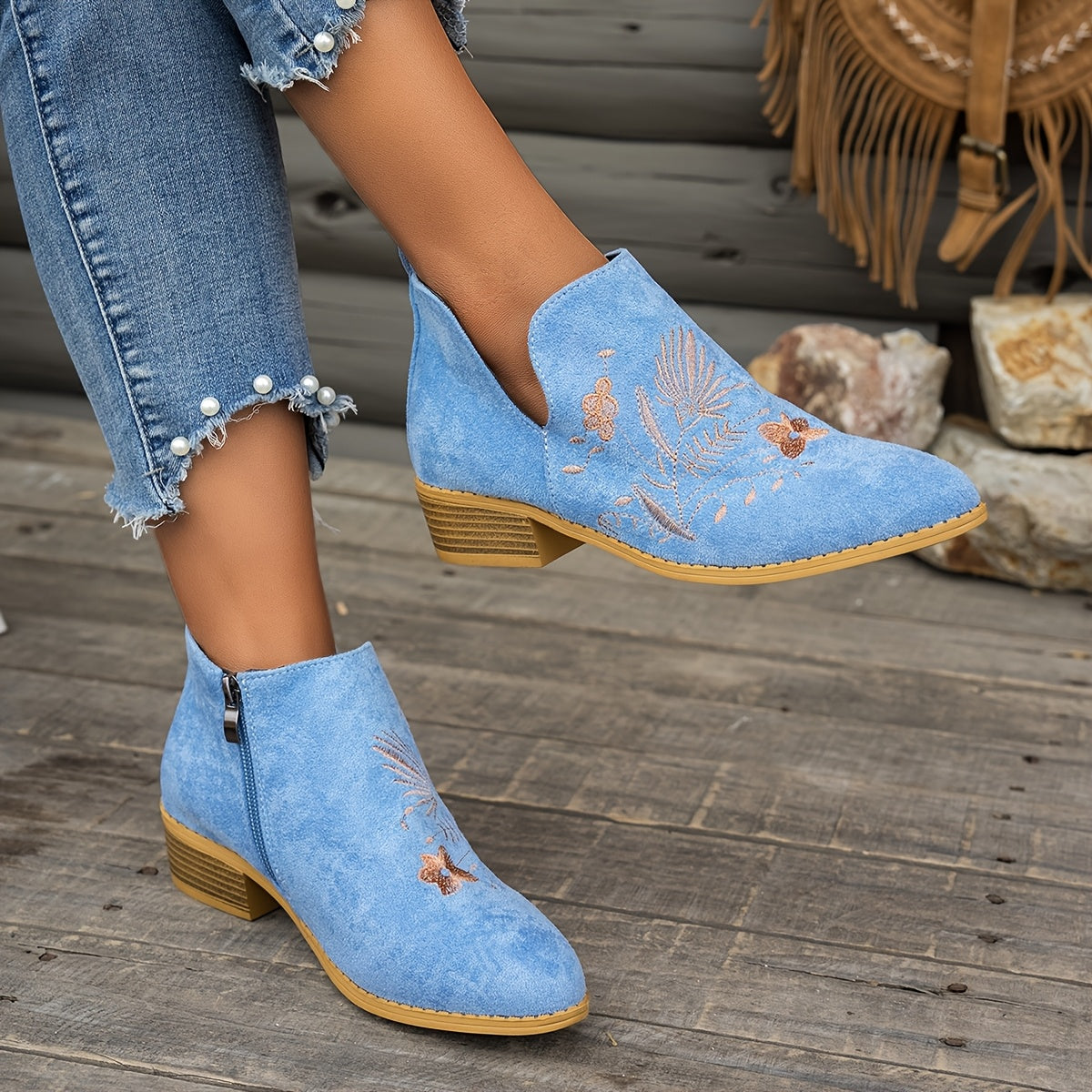 Women's Vintage Embroidered Ankle Boots Pointed Toe Low Heel Casual Shoes