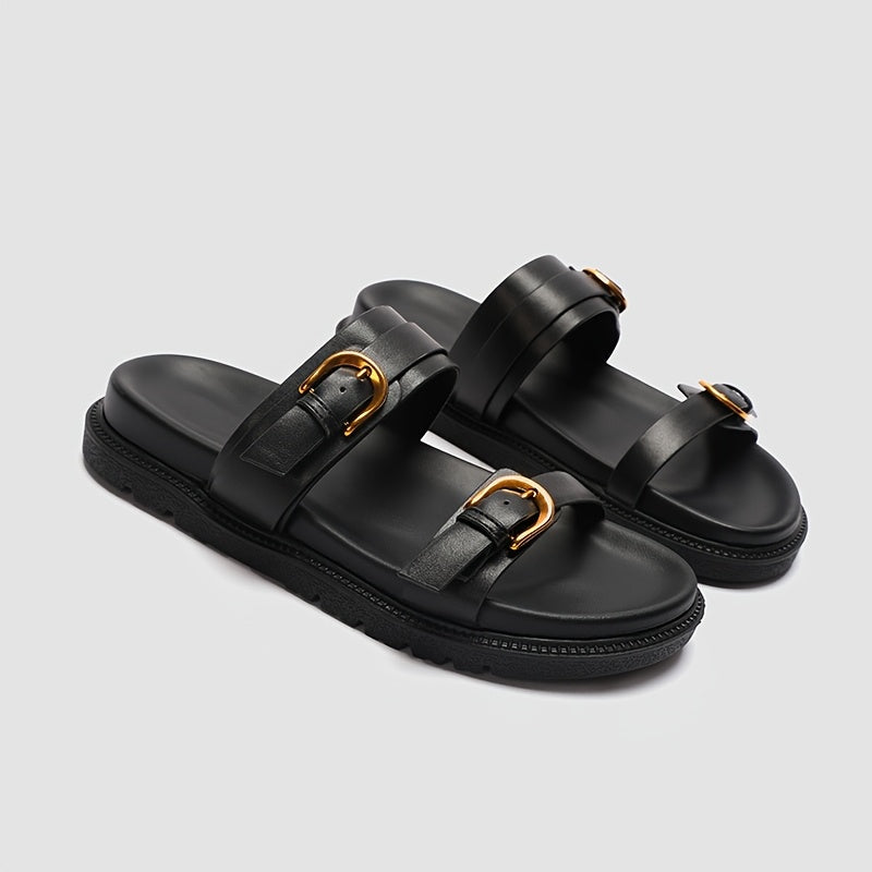 Women's Black Flat Sandals with Buckle Closure, Round Toe, Thick Sole