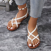 Women Brown Flat Slippers Open Toe Braided Slide Sandals