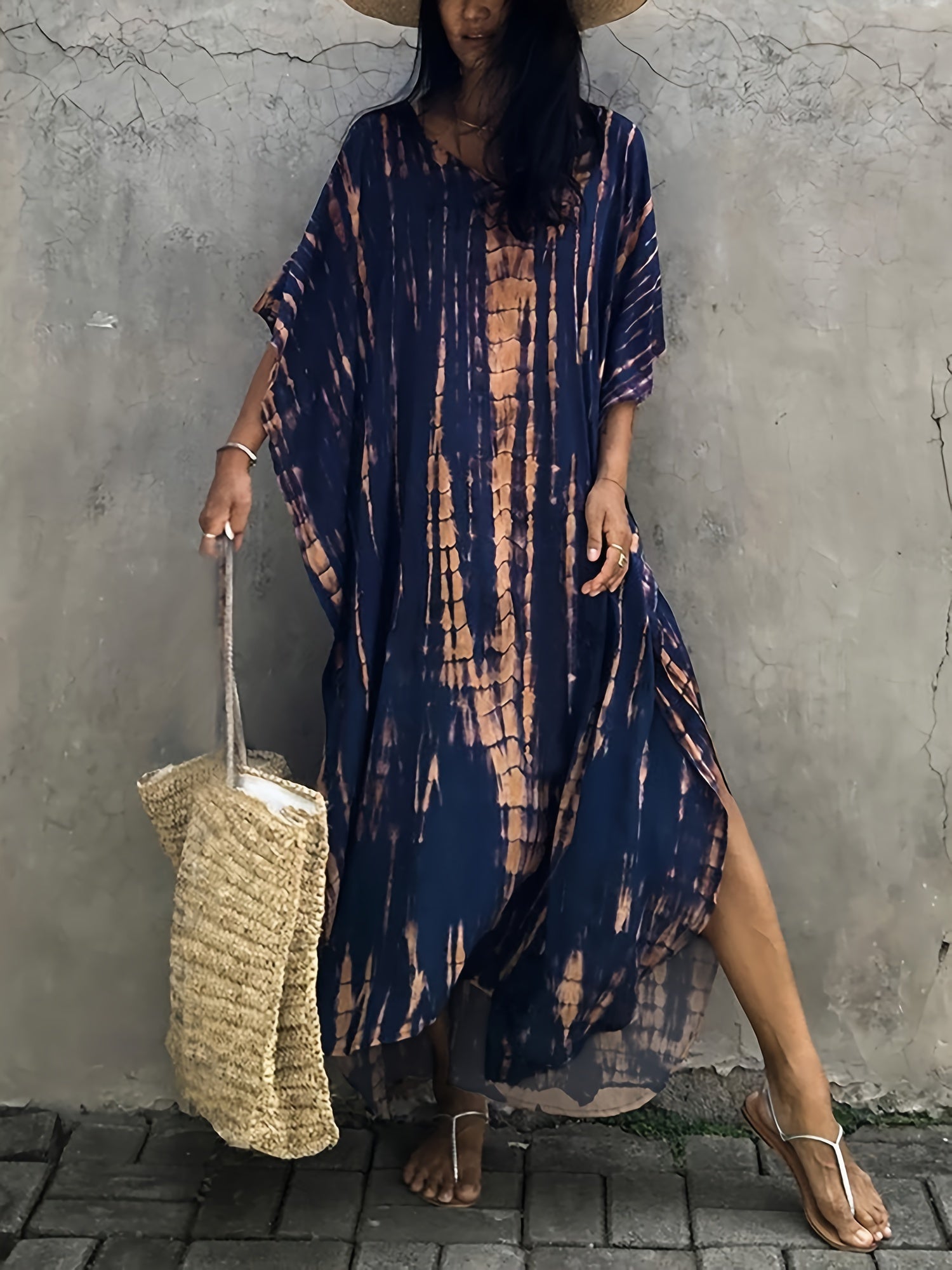 Plus Size Tie Dye Kaftan Dress V Neck Batwing Sleeve Women’s Clothing