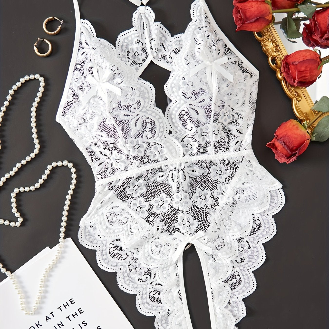 Women's Lace Teddy with Scallop Trim and Deep V Back